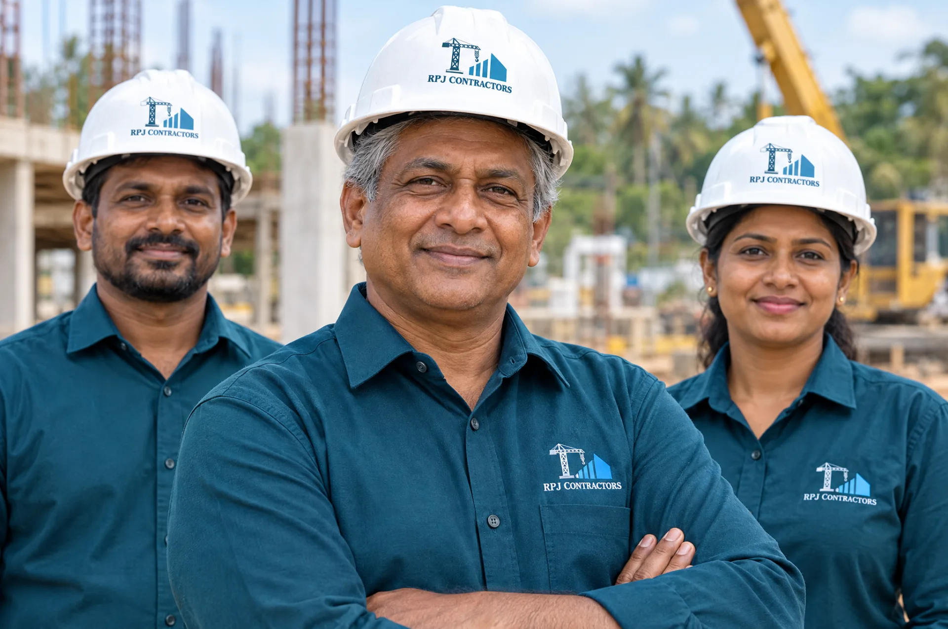 Experienced R.P.J. Contractors director in a branded teal uniform on site with his team