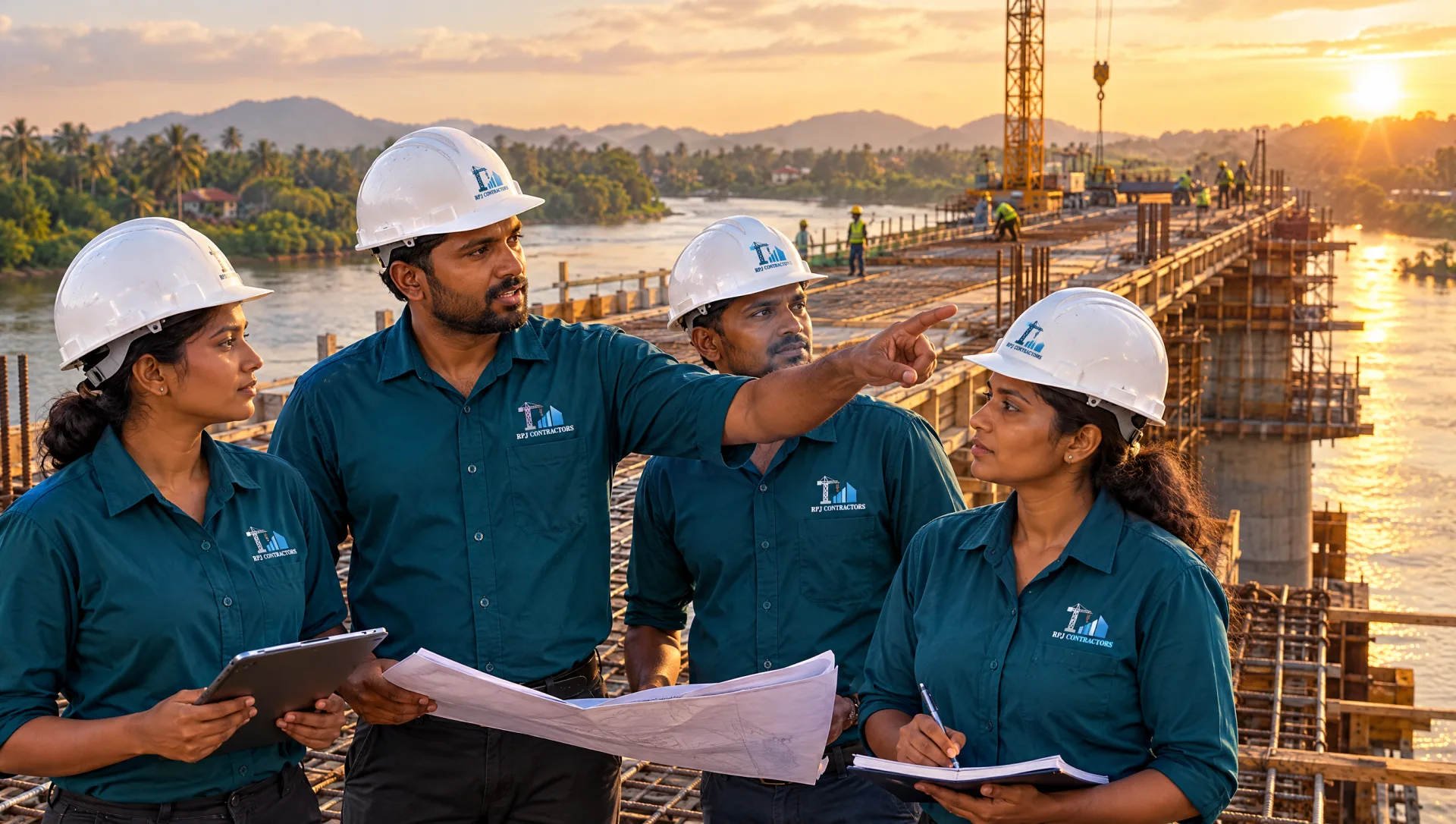 Diverse R.P.J. Contractors team in branded teal uniforms overseeing a concrete bridge under construction over a river