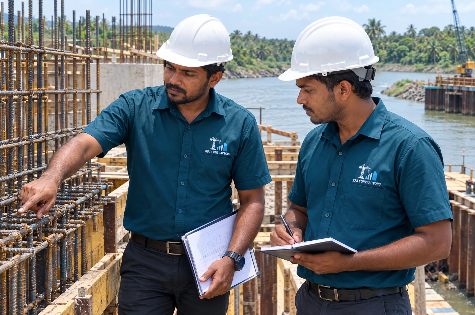 R.P.J. Contractors engineers in branded teal uniforms inspecting reinforcement on a bridge abutment