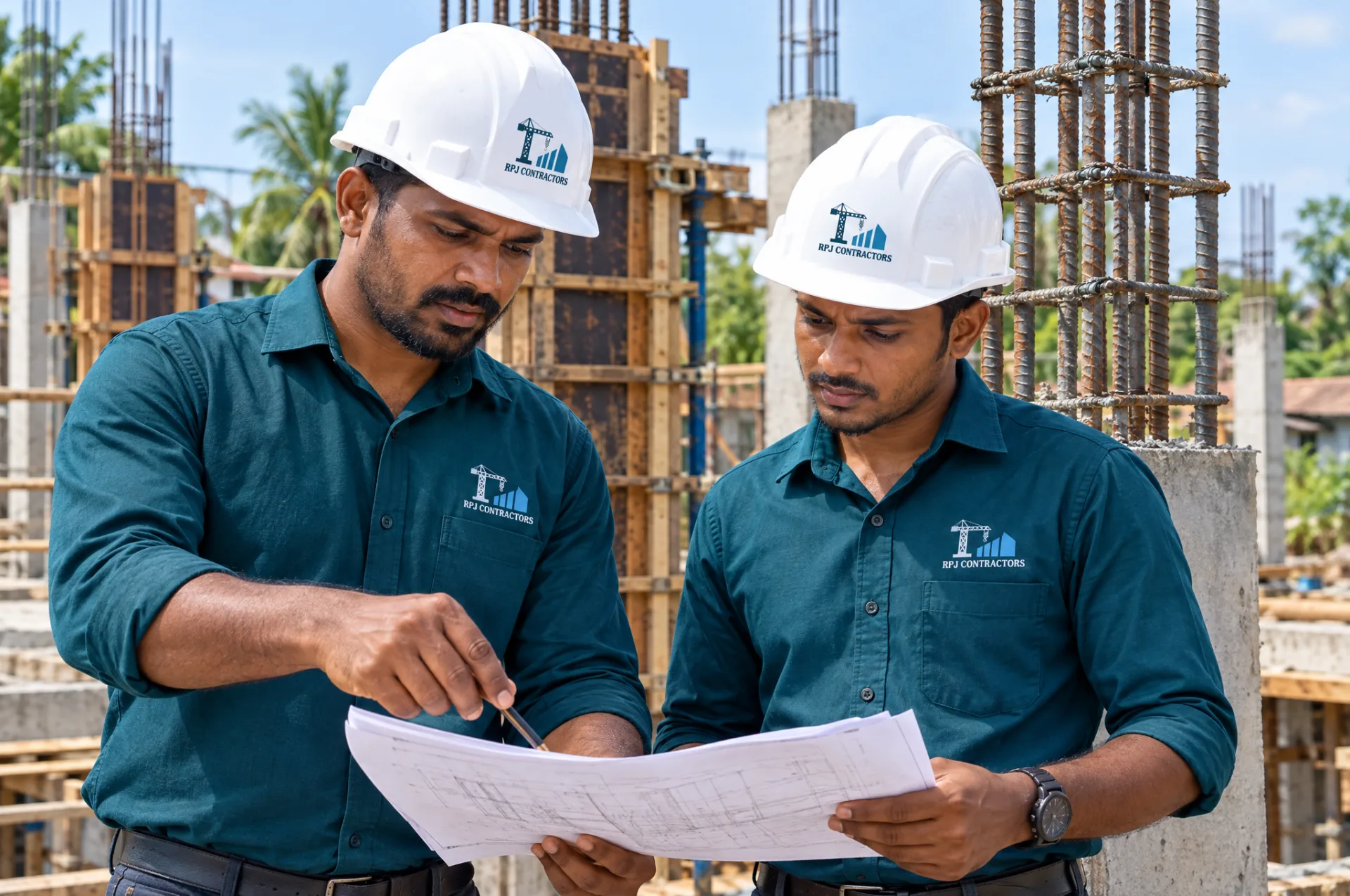 R.P.J. Contractors engineers in branded teal uniforms inspecting structural works during a building project