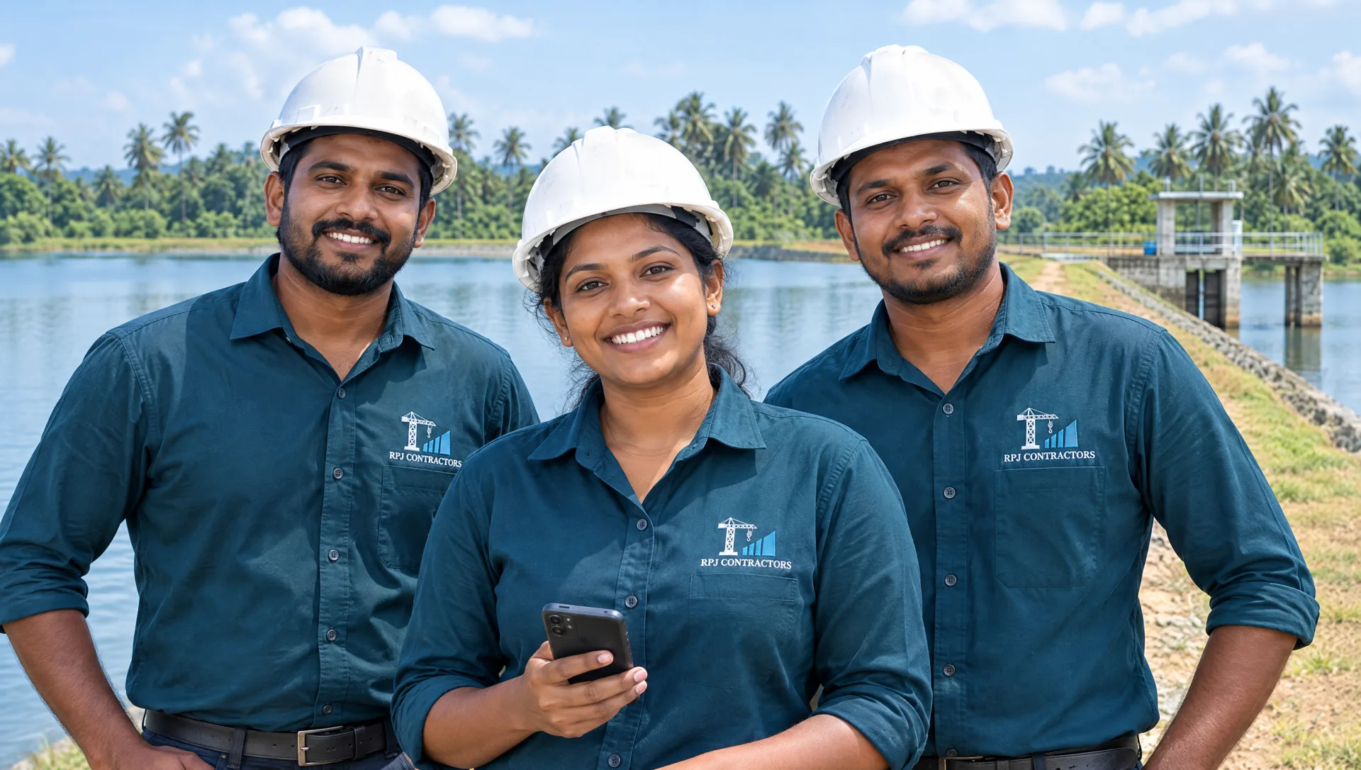 Friendly diverse R.P.J. Contractors team in branded teal uniforms ready to help on a construction site