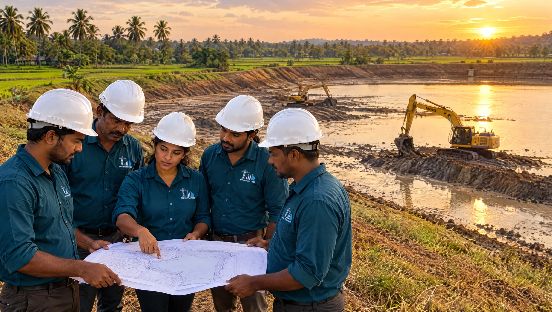 R.P.J. Contractors crew reviewing the rehabilitation plan on the bund of a Sri Lankan irrigation tank