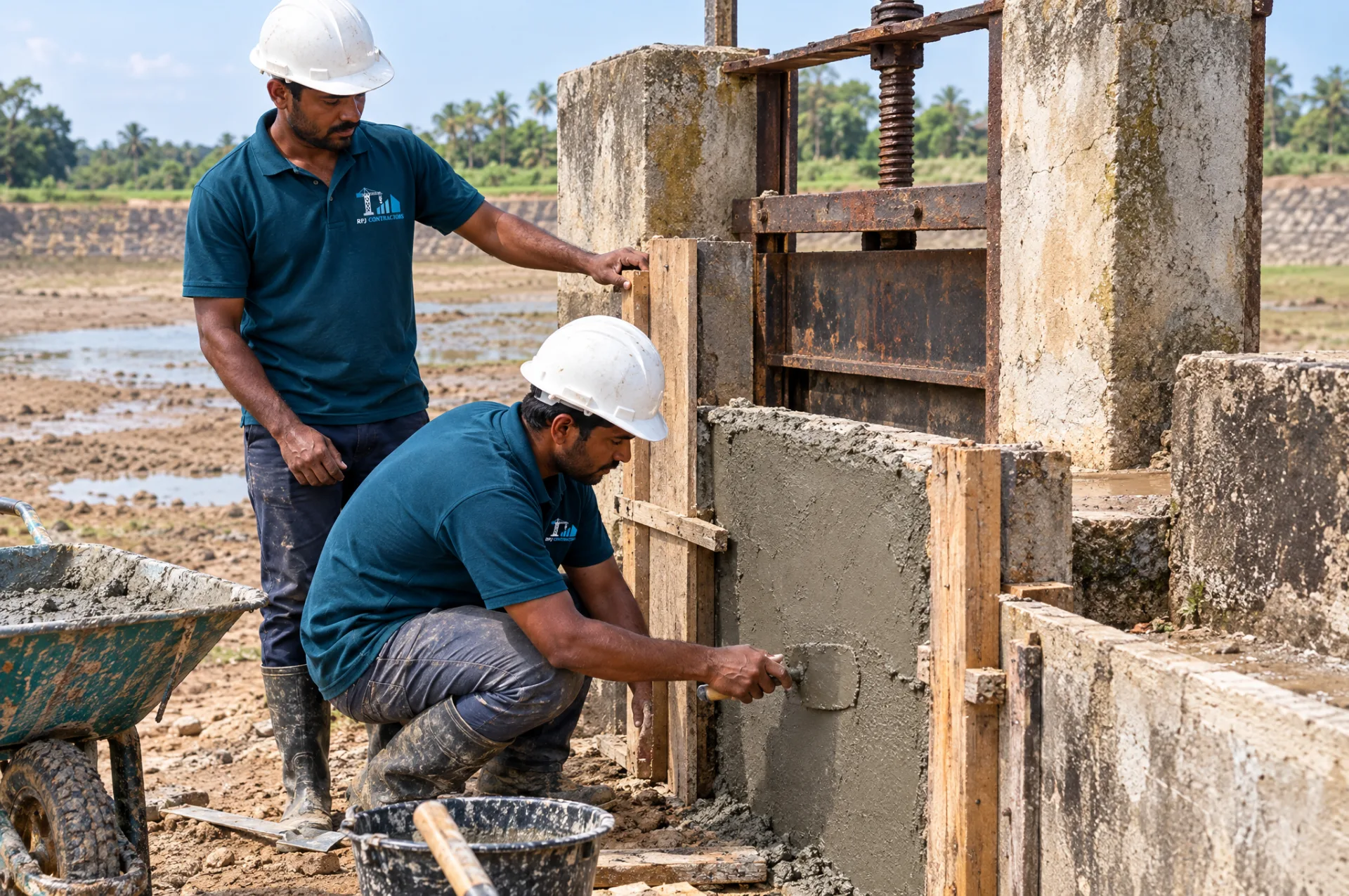 R.P.J. Contractors workers in branded teal uniforms checking lining and levels on an irrigation channel
