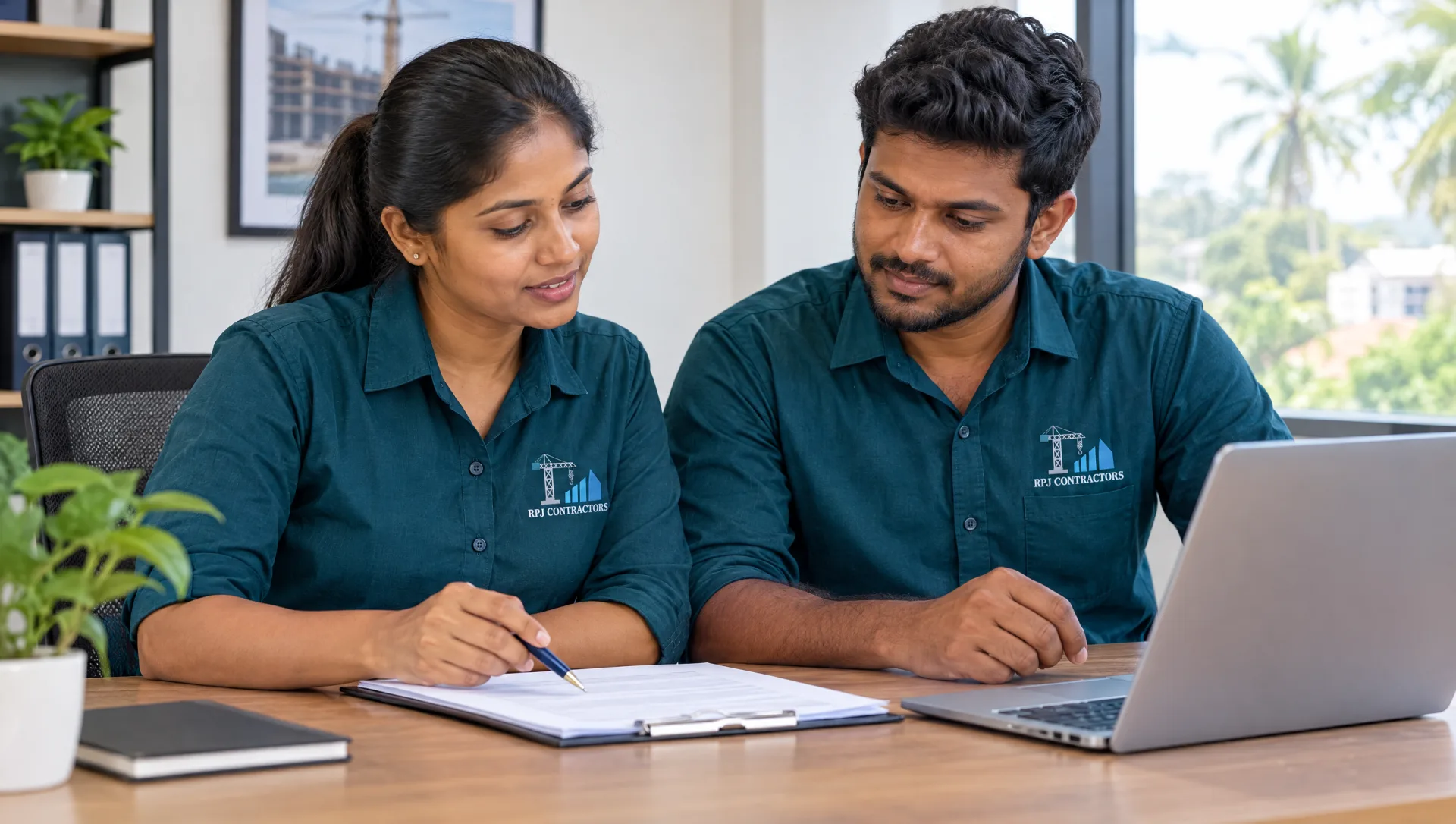 R.P.J. Contractors team members in branded teal uniforms handling enquiry details carefully in the office