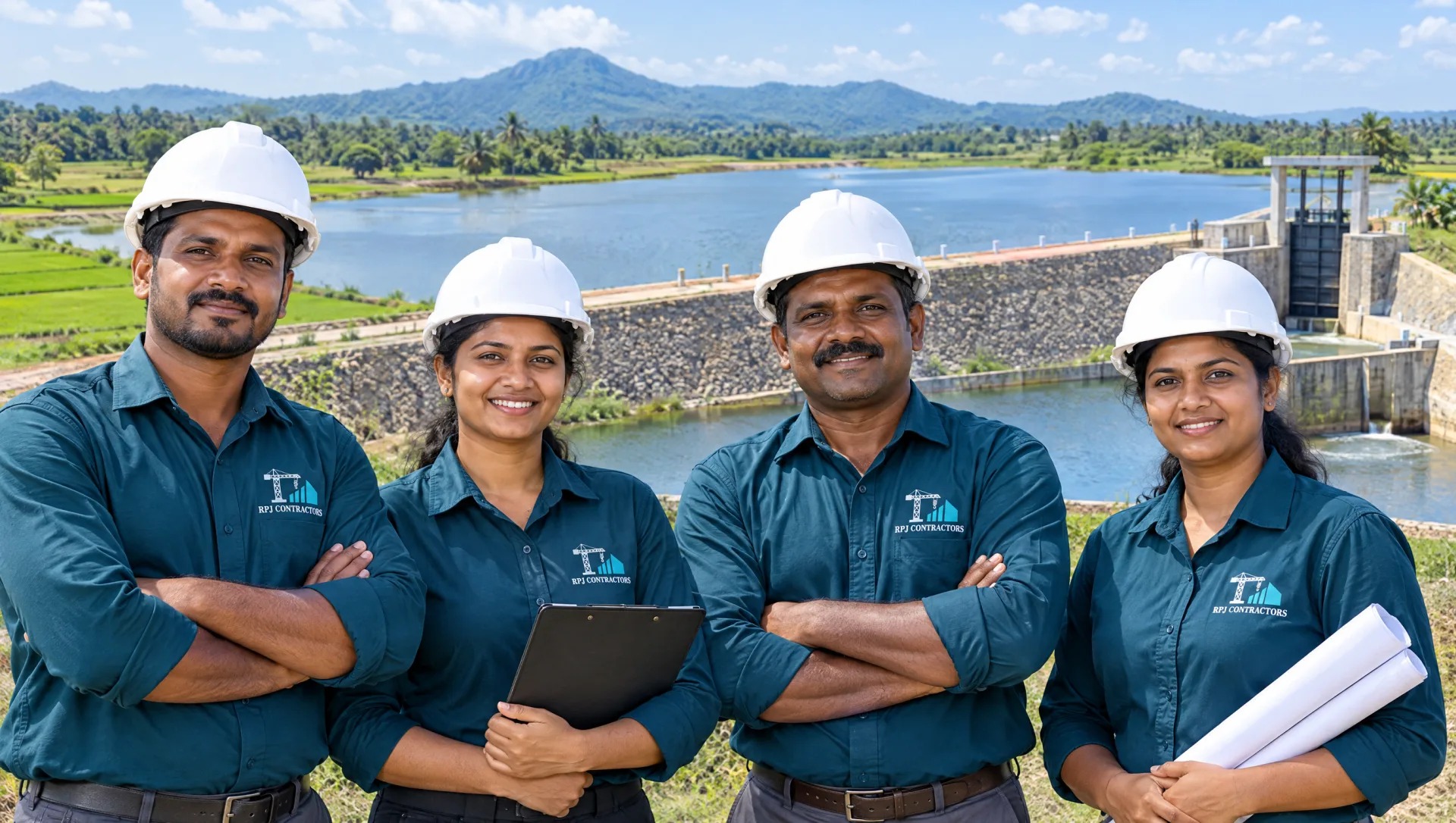 Diverse R.P.J. Contractors team in branded teal uniforms with completed road, bridge and building work behind them