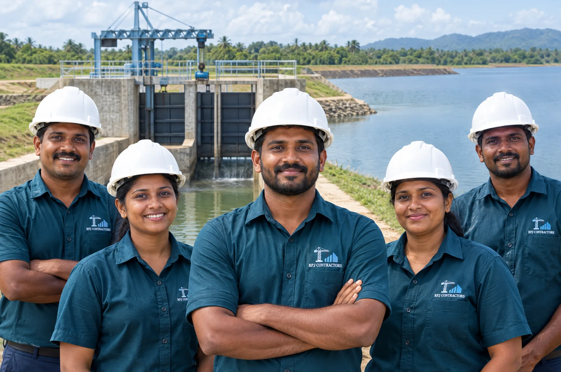 Diverse R.P.J. Contractors crew in branded teal uniforms in front of completed building and bridge projects
