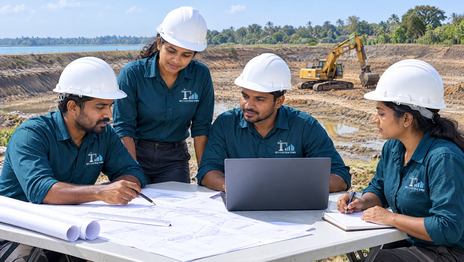 Diverse R.P.J. Contractors team in branded teal uniforms reviewing drawings to prepare a project quotation