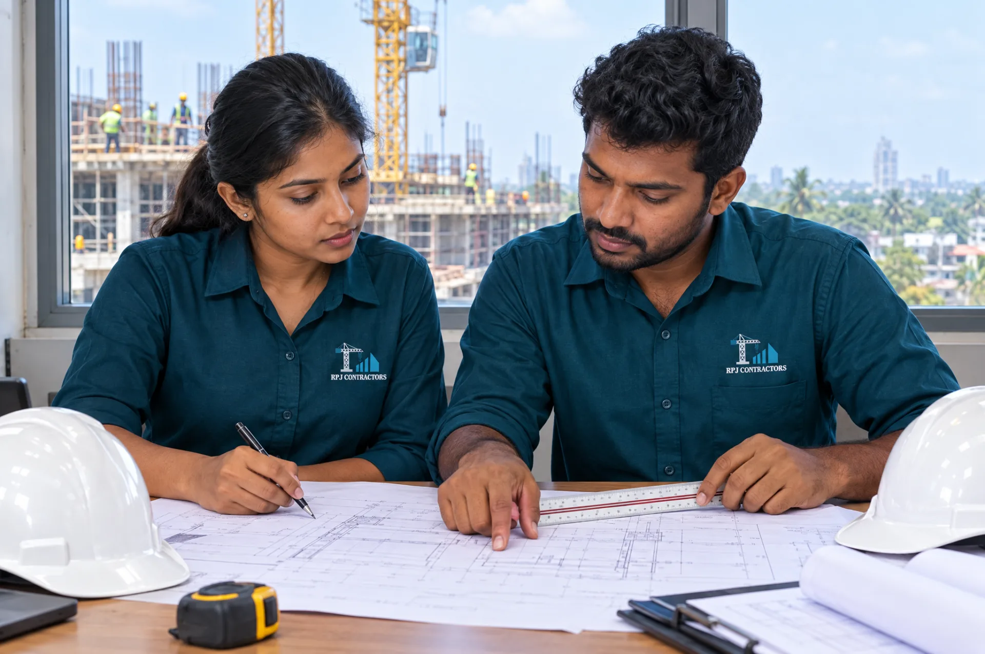 R.P.J. Contractors engineers in branded teal uniforms reviewing drawings while preparing a quotation