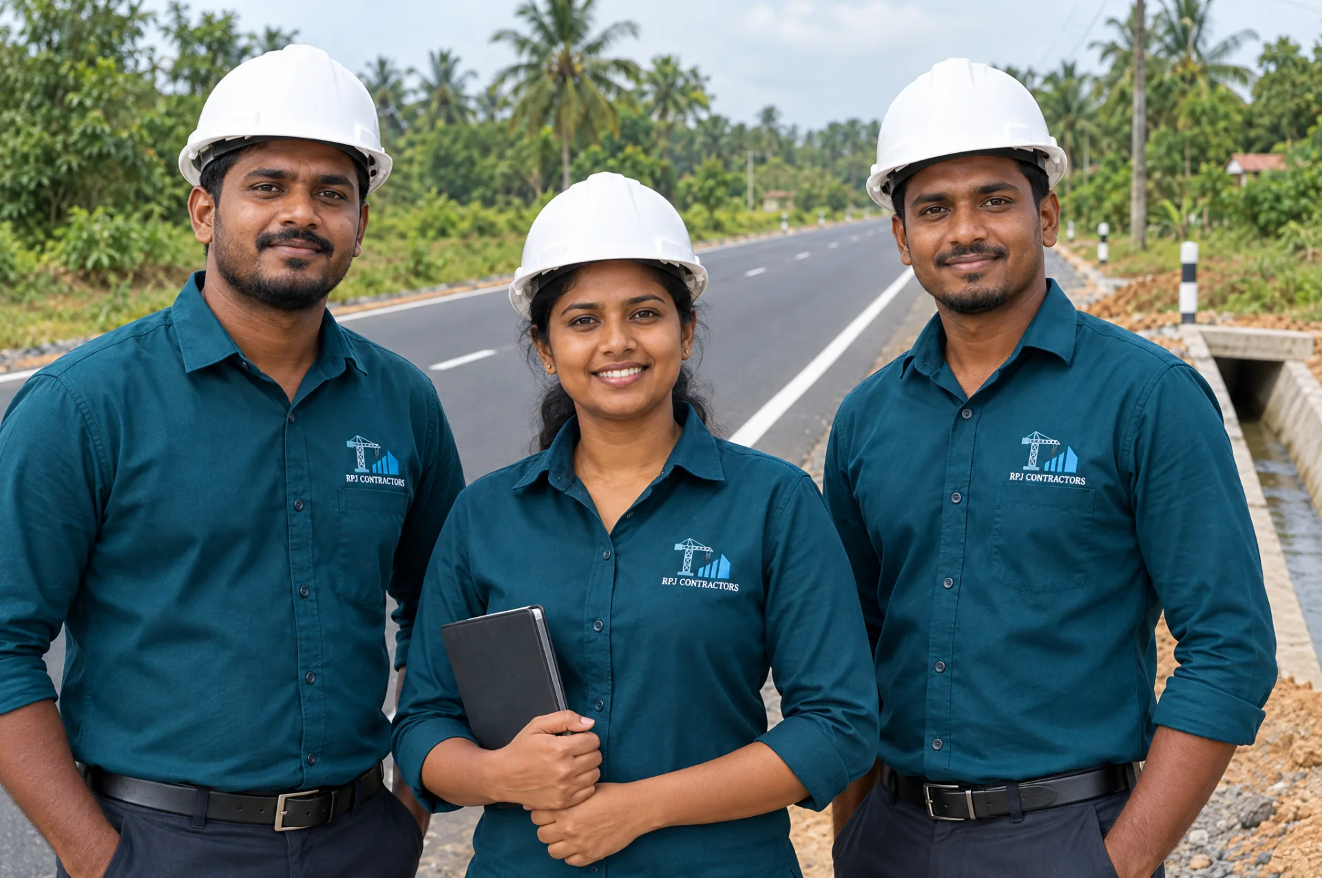 Diverse R.P.J. Contractors team in branded teal uniforms beside a completed road with clean markings