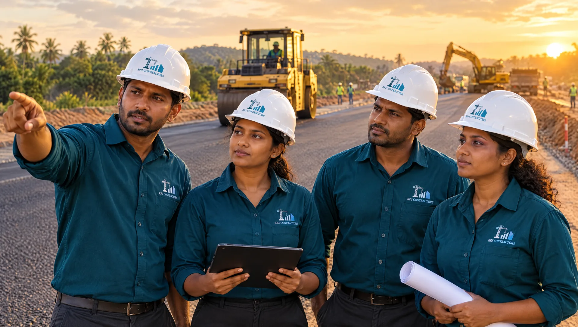 Diverse R.P.J. Contractors team in branded teal uniforms overseeing a new road under construction