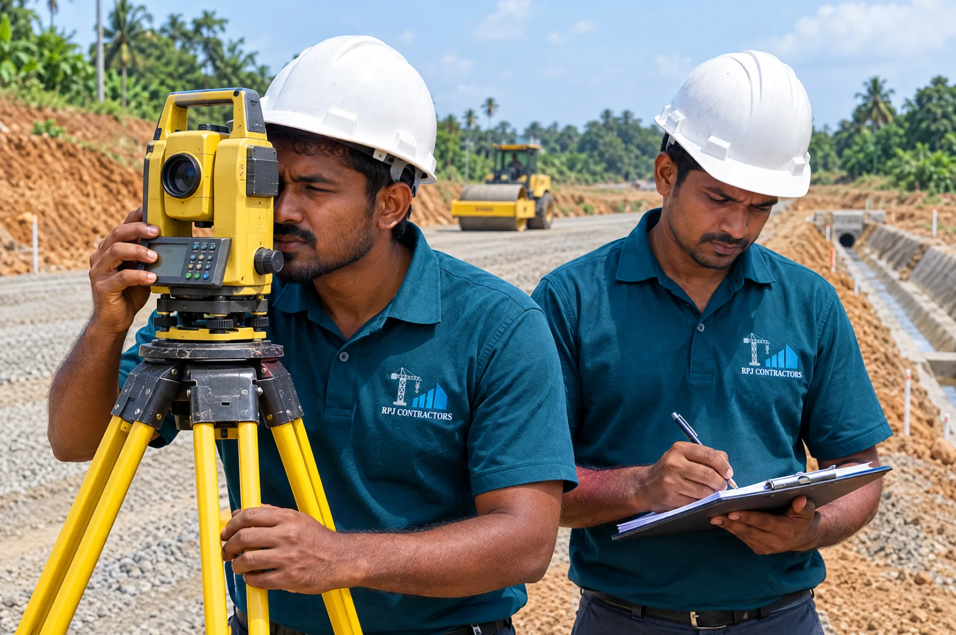 R.P.J. Contractors engineers in branded teal uniforms checking levels and groundwork on a road formation