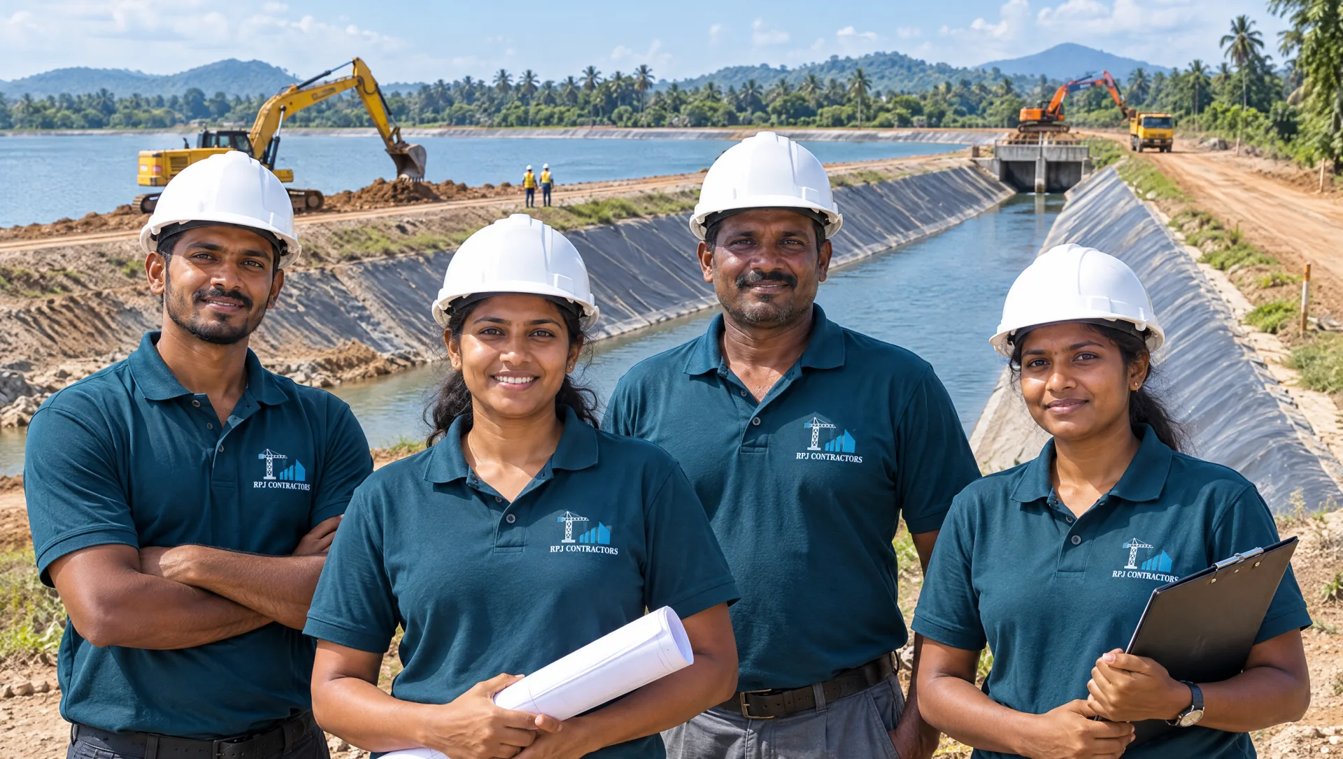Diverse R.P.J. Contractors team in branded teal uniforms across road, bridge and building construction work