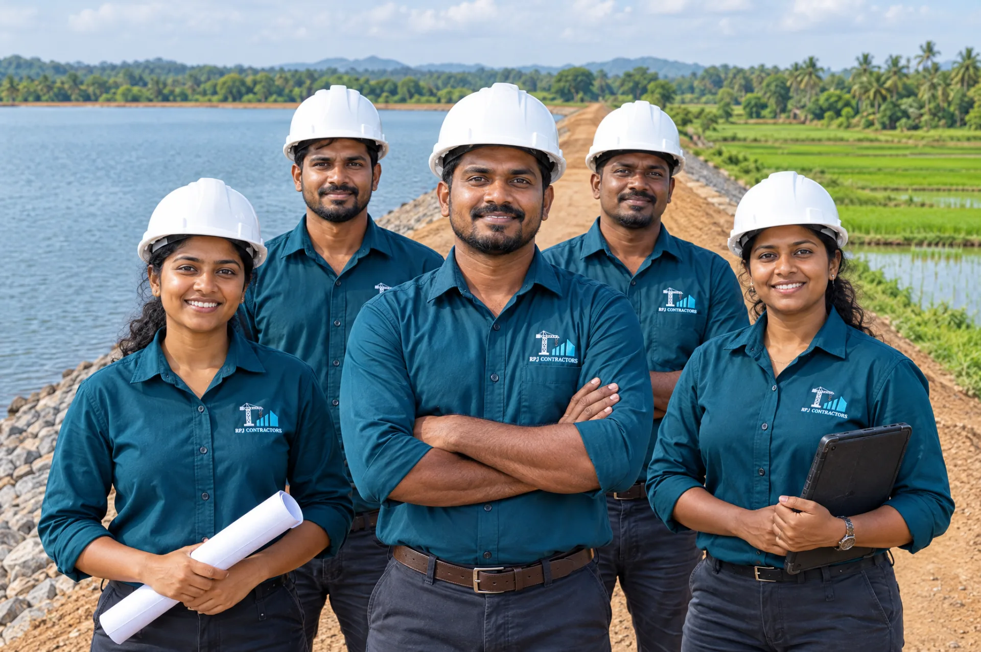 Diverse R.P.J. Contractors crew in branded teal uniforms on a bridge deck, showing multi-discipline capability